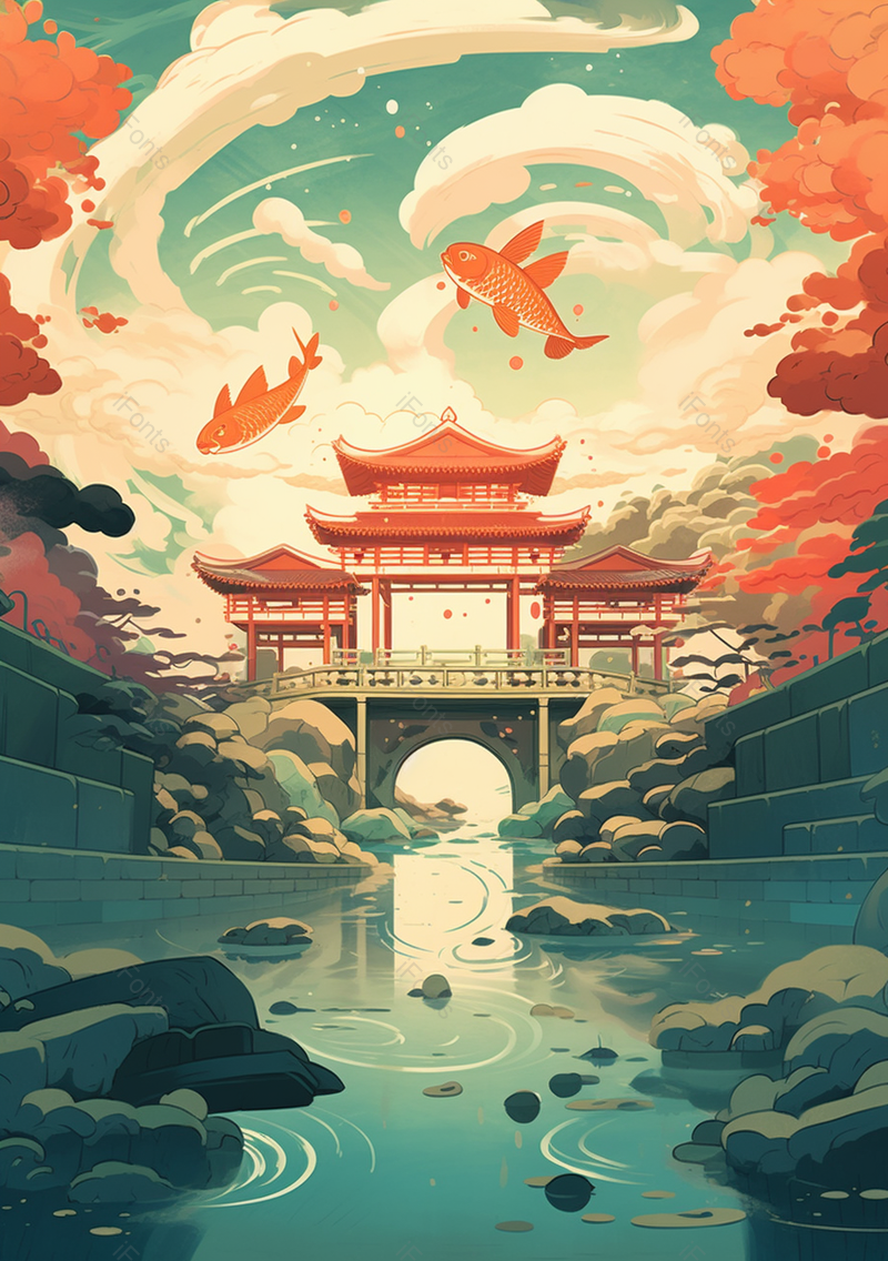 鲤鱼跃龙门国潮中国风古典插画背景,插画/手绘图,插画/手绘图库,插画/手绘图下载,插画/手绘